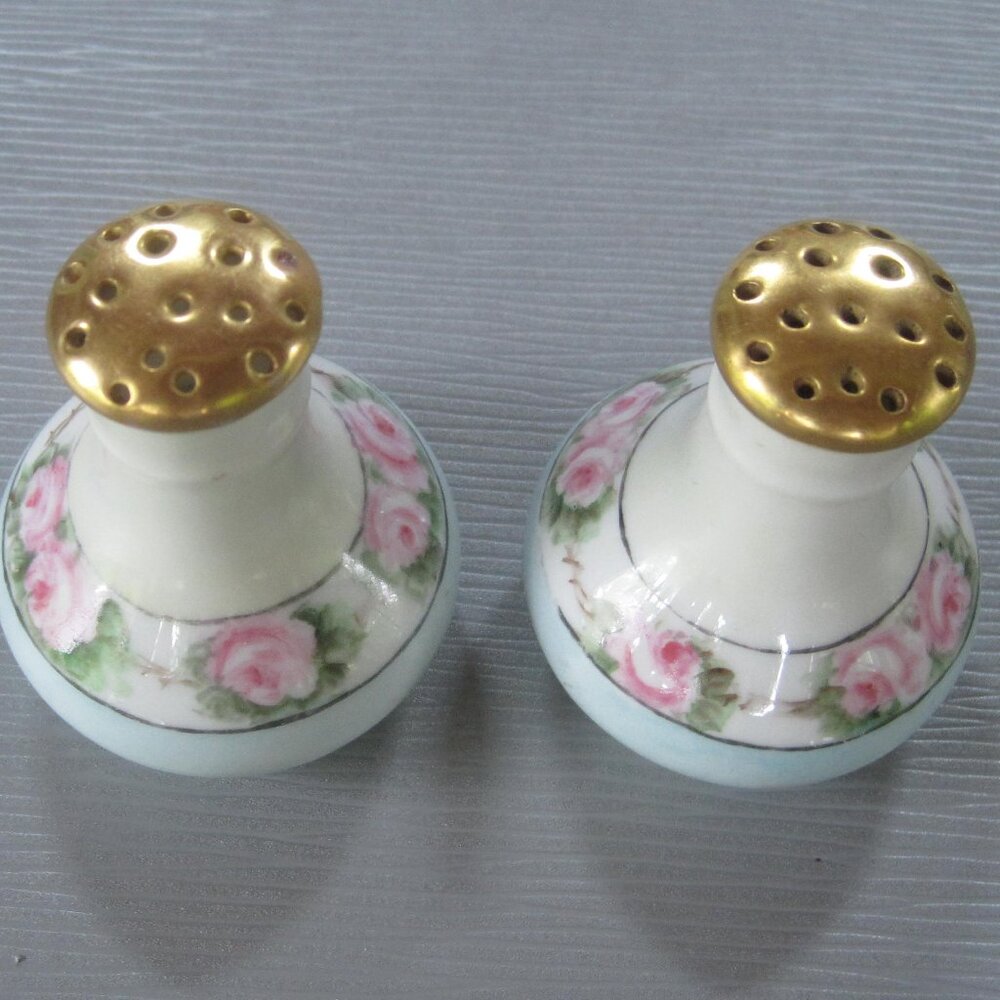 Vintage An Trice Gold Trim Small  Porcelain Salt Pepper Shakers Pink Blue Floral